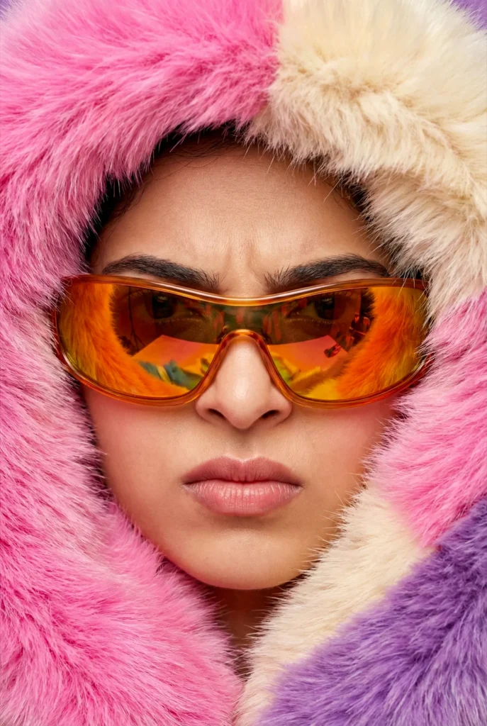 Angry Fashion Portrait in Mink Fur and Orange Lens Sunglasses