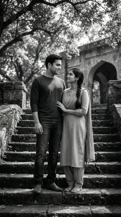 Cinematic Black and White Couple on Historic Stone Steps