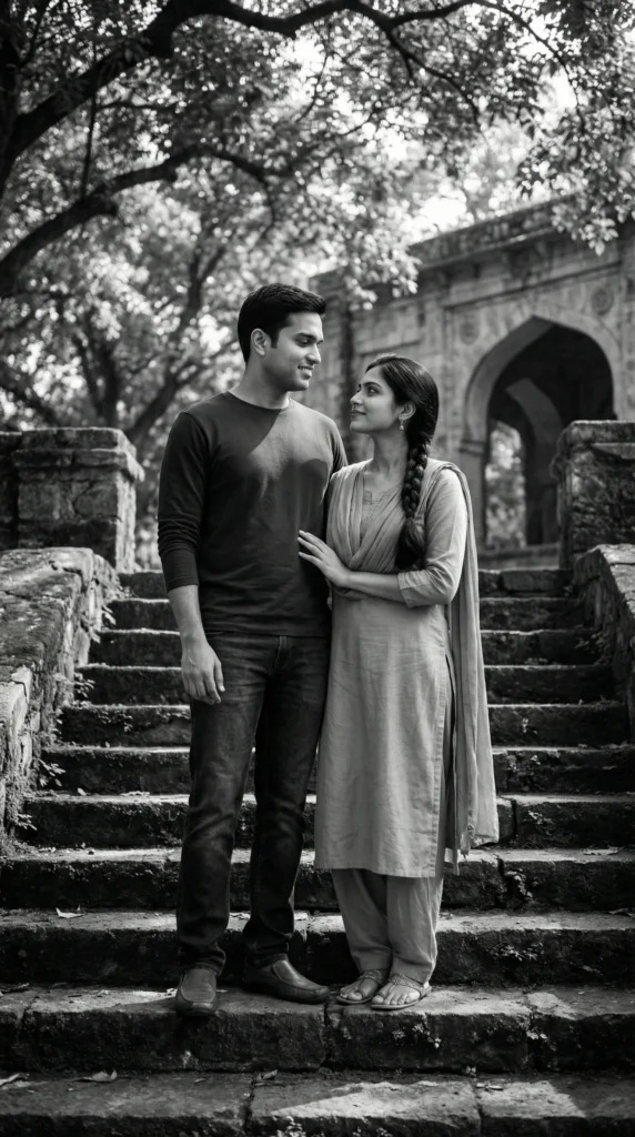 Cinematic Black and White Couple on Historic Stone Steps