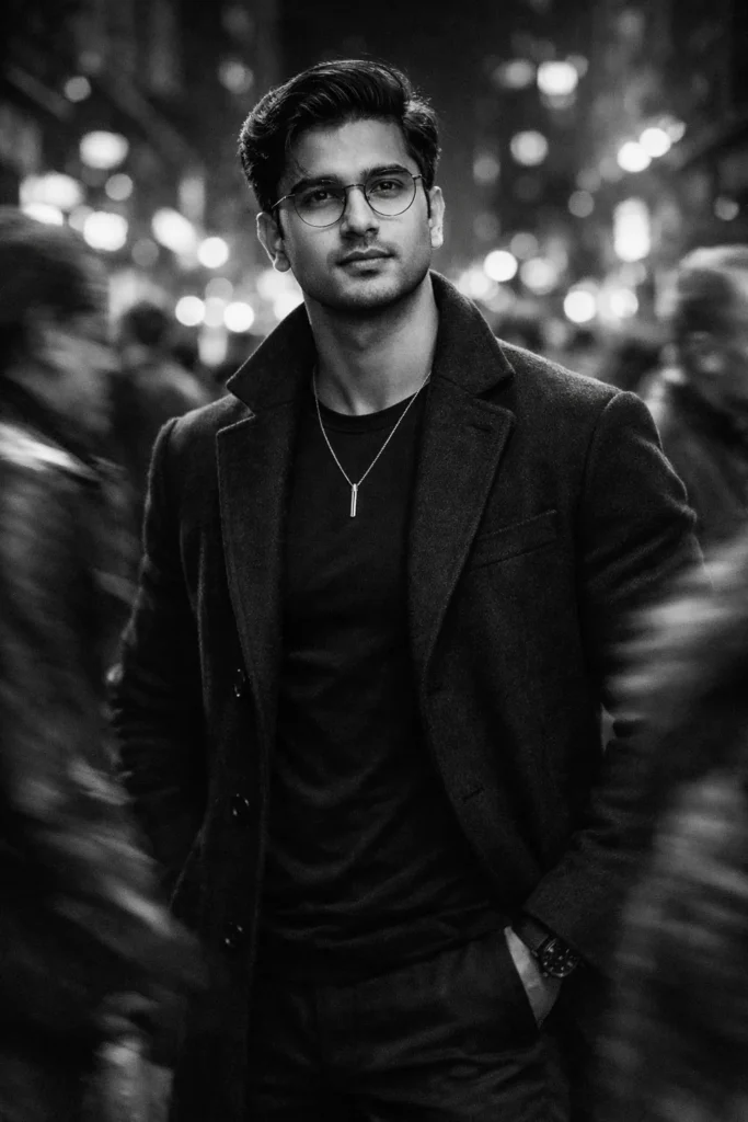 Cinematic Black and White Street Portrait in a Busy City Crowd