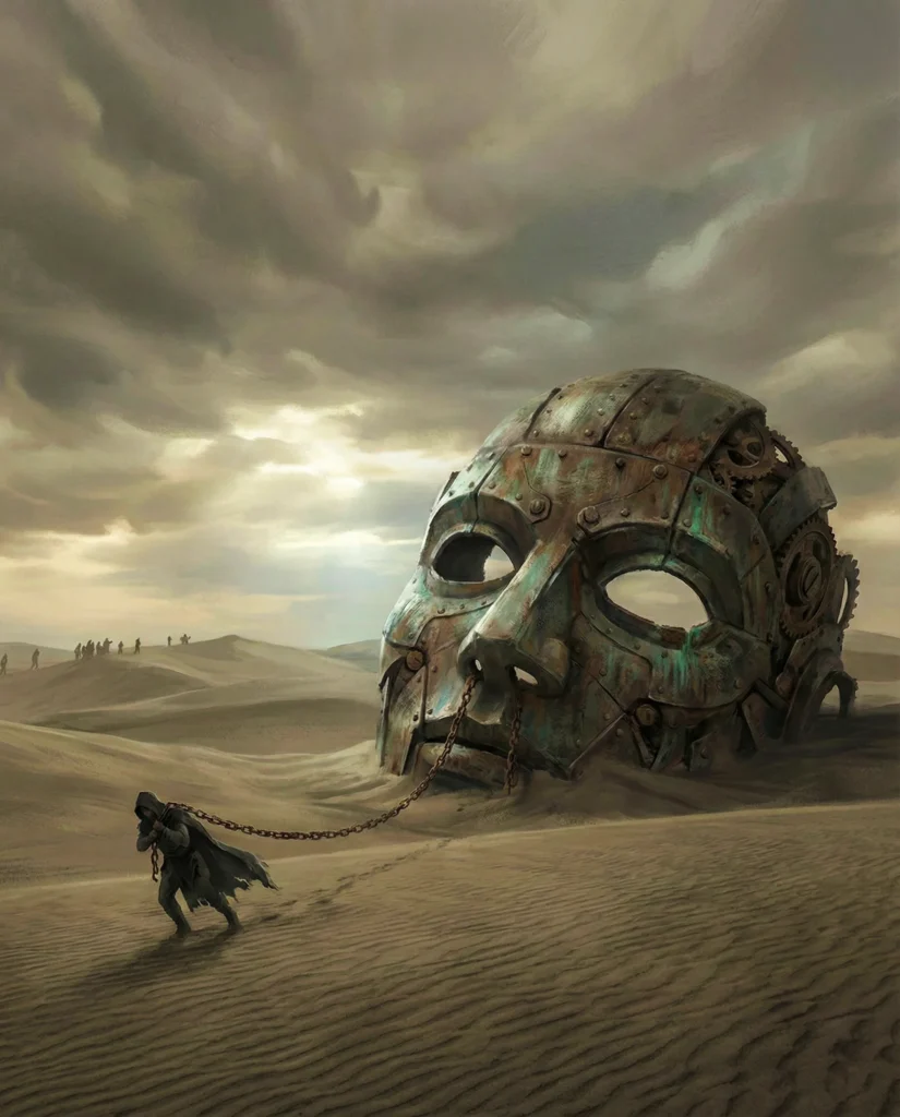 Cinematic Desert Artwork with Colossal Metal Mask