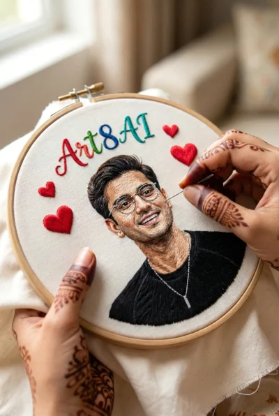 Cinematic Embroidery Portrait with Realistic Hand-Stitched Face