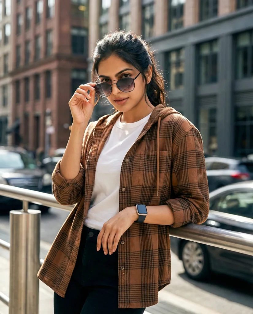 Cinematic HDR Urban Portrait of Woman with Sunglasses and Flirtatious Gaze