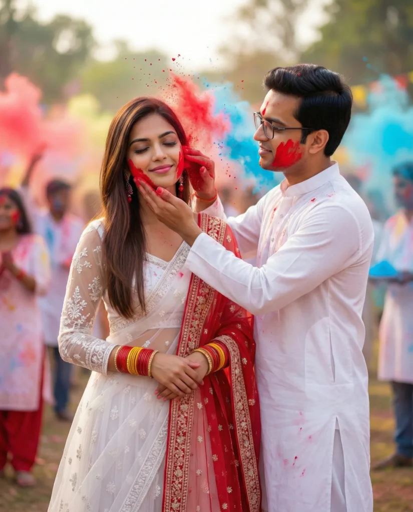 Cinematic Holi Couple Portrait with Colorful Gulal