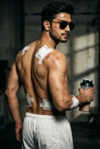 Cinematic Injured Fitness Portrait with Bandages and Protein Shake