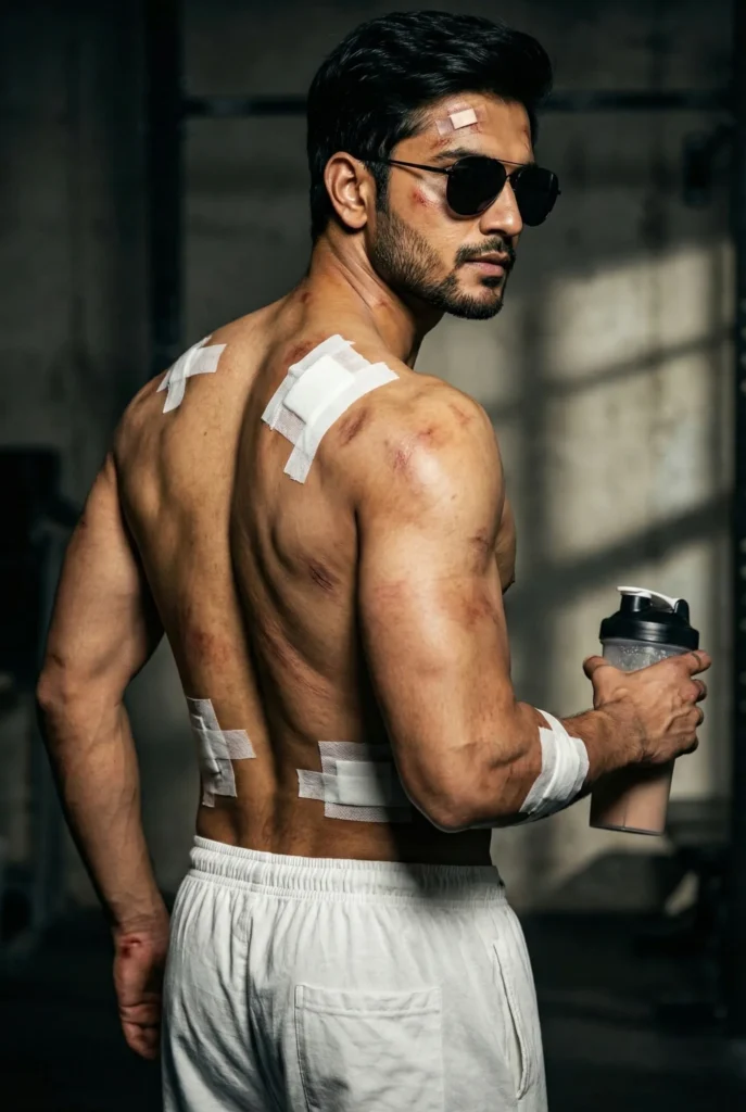 Cinematic Injured Fitness Portrait with Bandages and Protein Shake