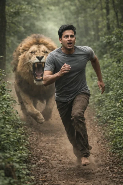 AI-generated image: Cinematic Lion Chase Scene in Dense Forest (ChatGPT Prompt)