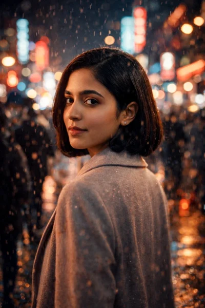 AI-generated image: Cinematic Nighttime Street Scene : Woman in a Rainy Neon City