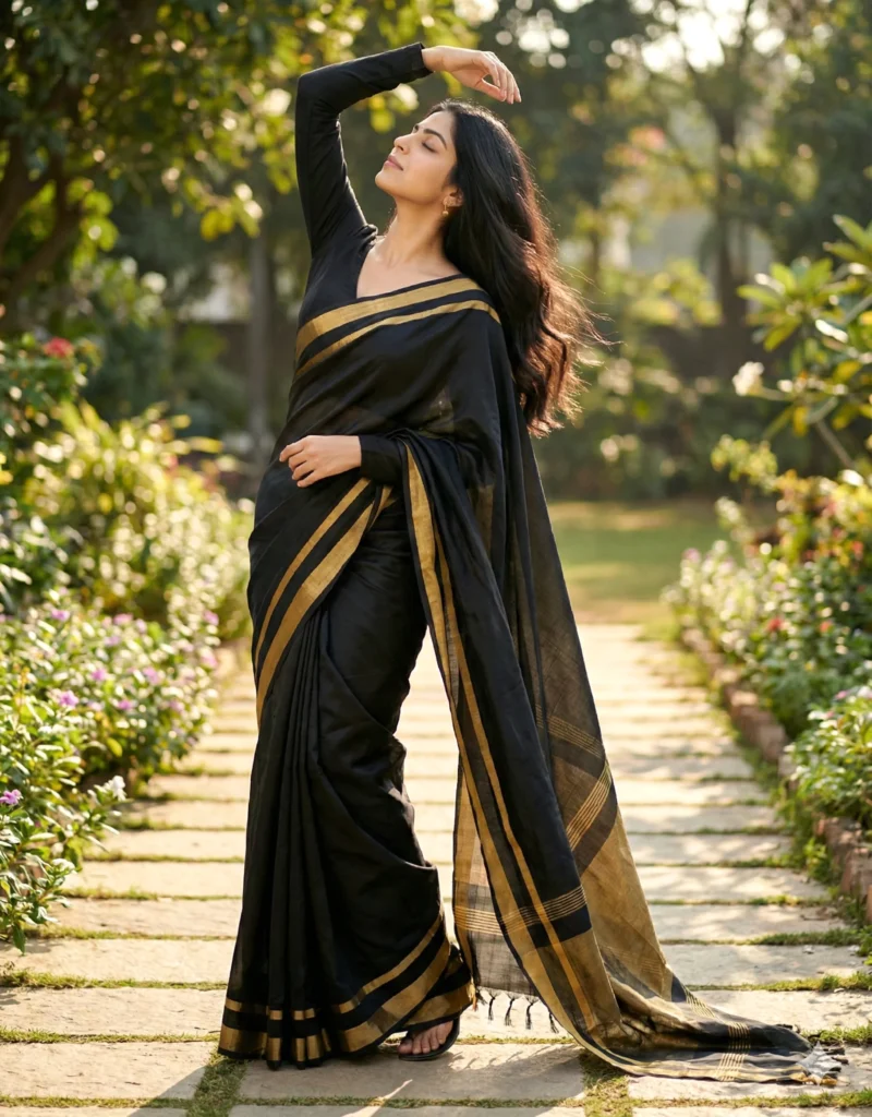 Cinematic Saree Portrait in a Serene Garden Path (Gemini Prompt)