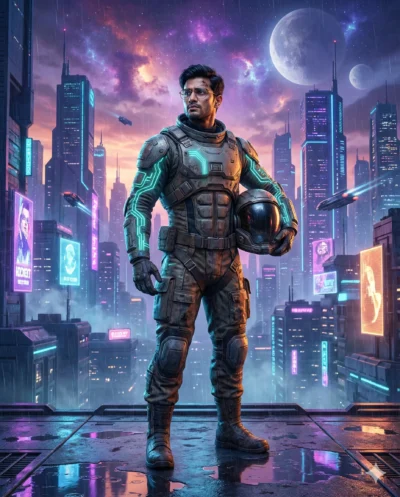 AI-generated image: Cinematic Sci Fi Cityscape Portrait with Neon Cyberpunk Metropolis