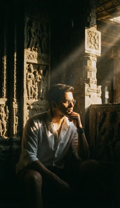 AI-generated image: Cinematic Temple Portrait in Dramatic Golden Light (Gemini)