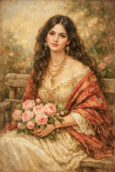 Classical Oil Painting Portrait in a Romantic Garden Glow