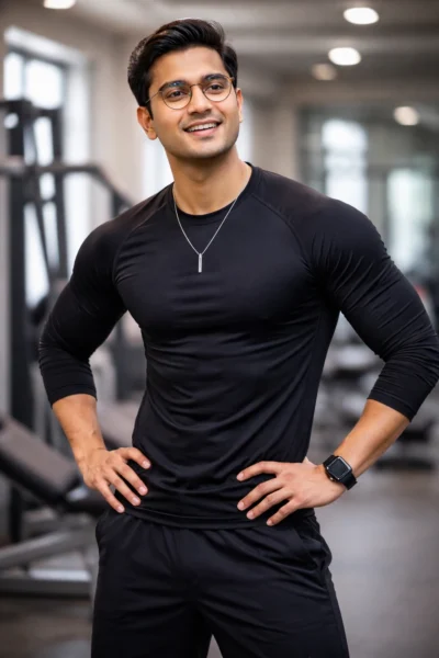 Confident Athletic Man in Black Gym Wear Pose