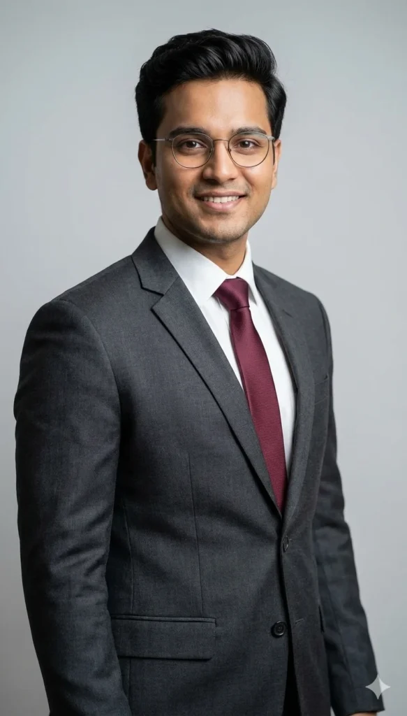 Confident Business Professional in Tailored Charcoal Gray Suit