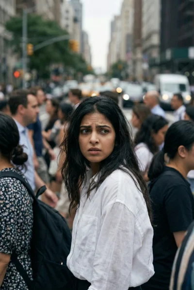 Documentary Style Portrait of Anxious Young Woman in Urban Crowd