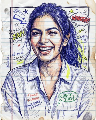 Doodle Comic Sketch Portrait on Lined Notebook Paper in 4K