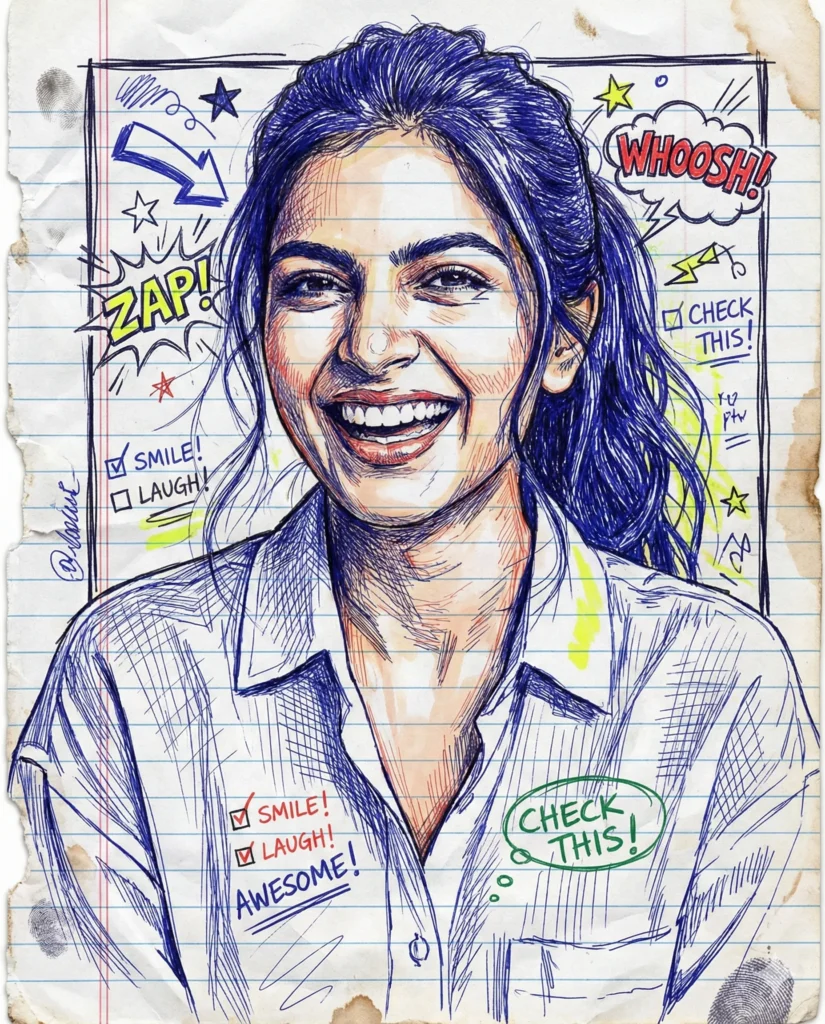Doodle Comic Sketch Portrait on Lined Notebook Paper in 4K