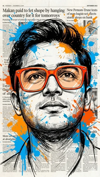 AI-generated image: Expressive Portrait Art: Confident Man with Glasses on Newspaper Background