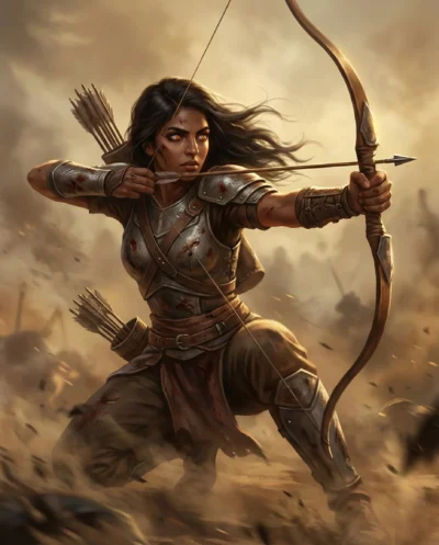 Fierce Female Warrior Archer on Cinematic Battlefield