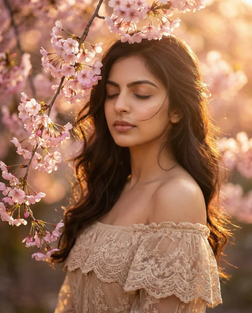Fine Art Cherry Blossom Portrait in Golden Hour Light