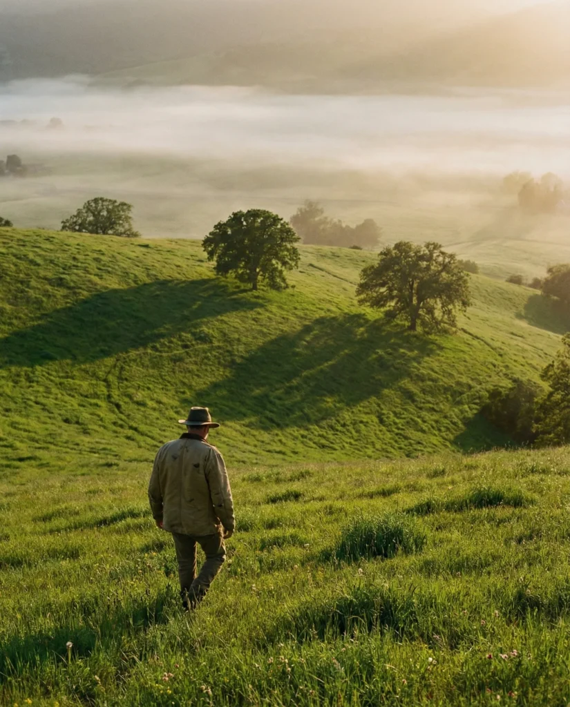 Golden Hour Hill Walk: Lone Man in Lush Green Serenity