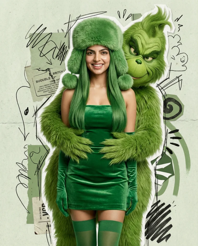 Green Fashion Collage Portrait with Fluffy Grinch-Inspired Character