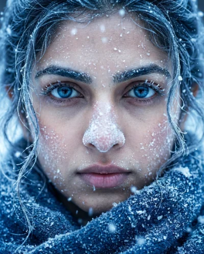 Hyper Realistic Frost Portrait of Blue-Eyed Woman