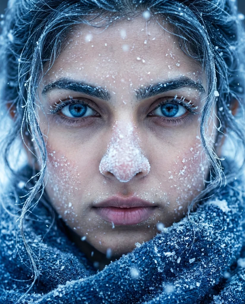 Hyper Realistic Frost Portrait of Blue-Eyed Woman