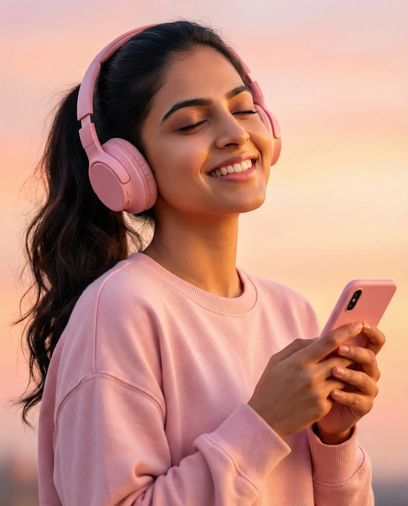 Indian Woman Listening to Music Portrait (Gemini Prompt)