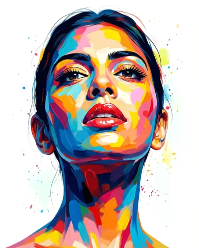 AI-generated image: Modern Pop Art Portrait with Bold Color Blocking and Glossy Red Lips
