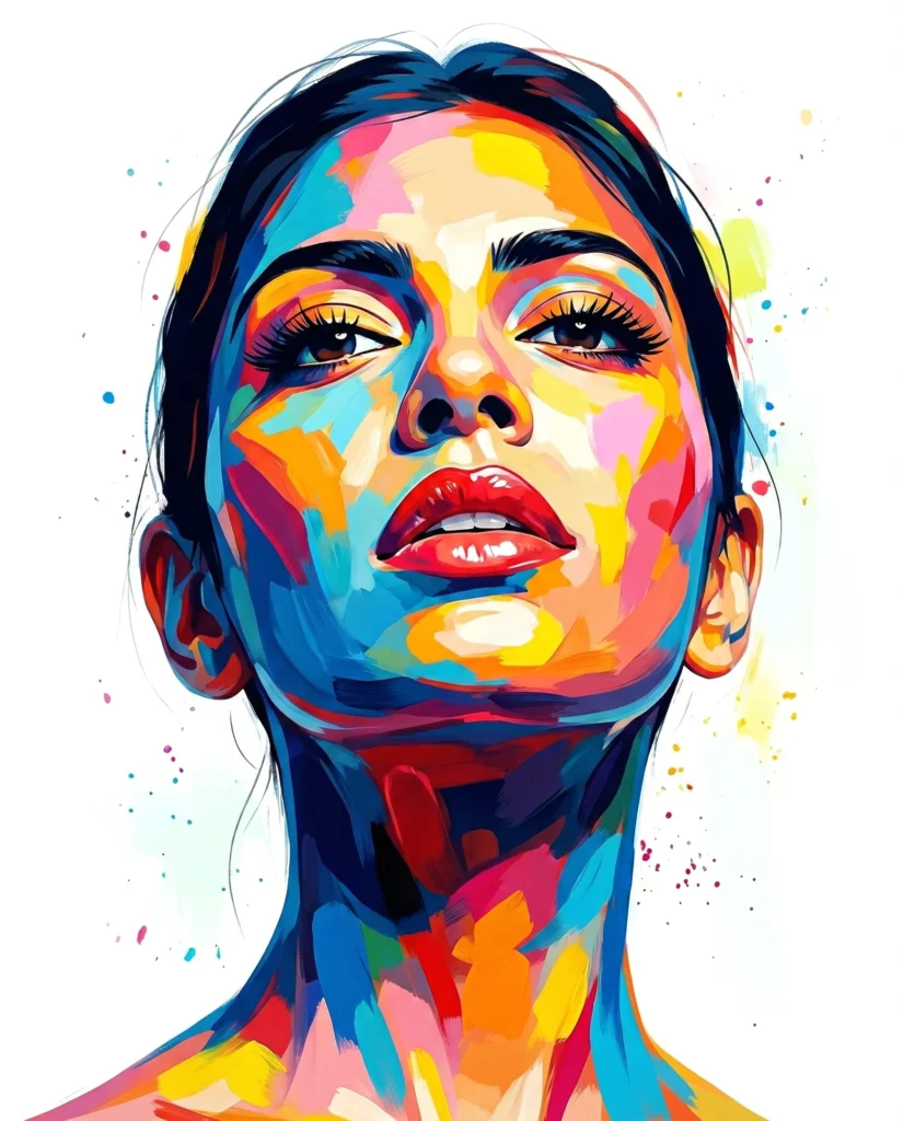 Modern Pop Art Portrait with Bold Color Blocking and Glossy Red Lips