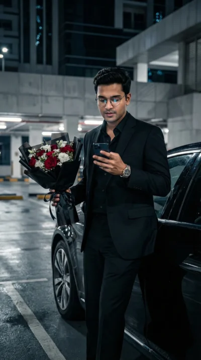 AI-generated image: Realistic Night Portrait with Luxury Car and Flowers (Gemini Prompt)