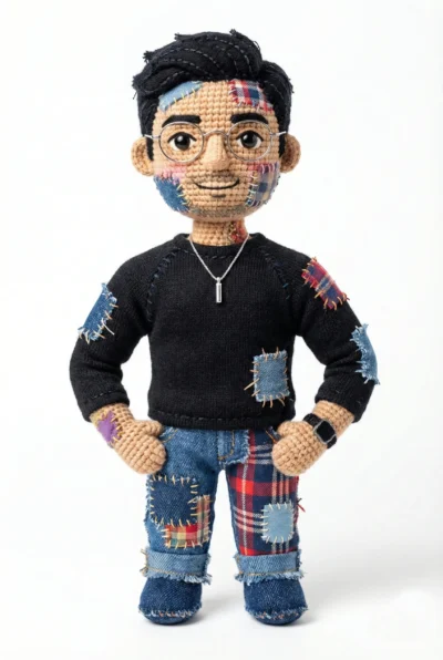 Patchwork Amigurumi Doll Portrait on Clean White Studio Background