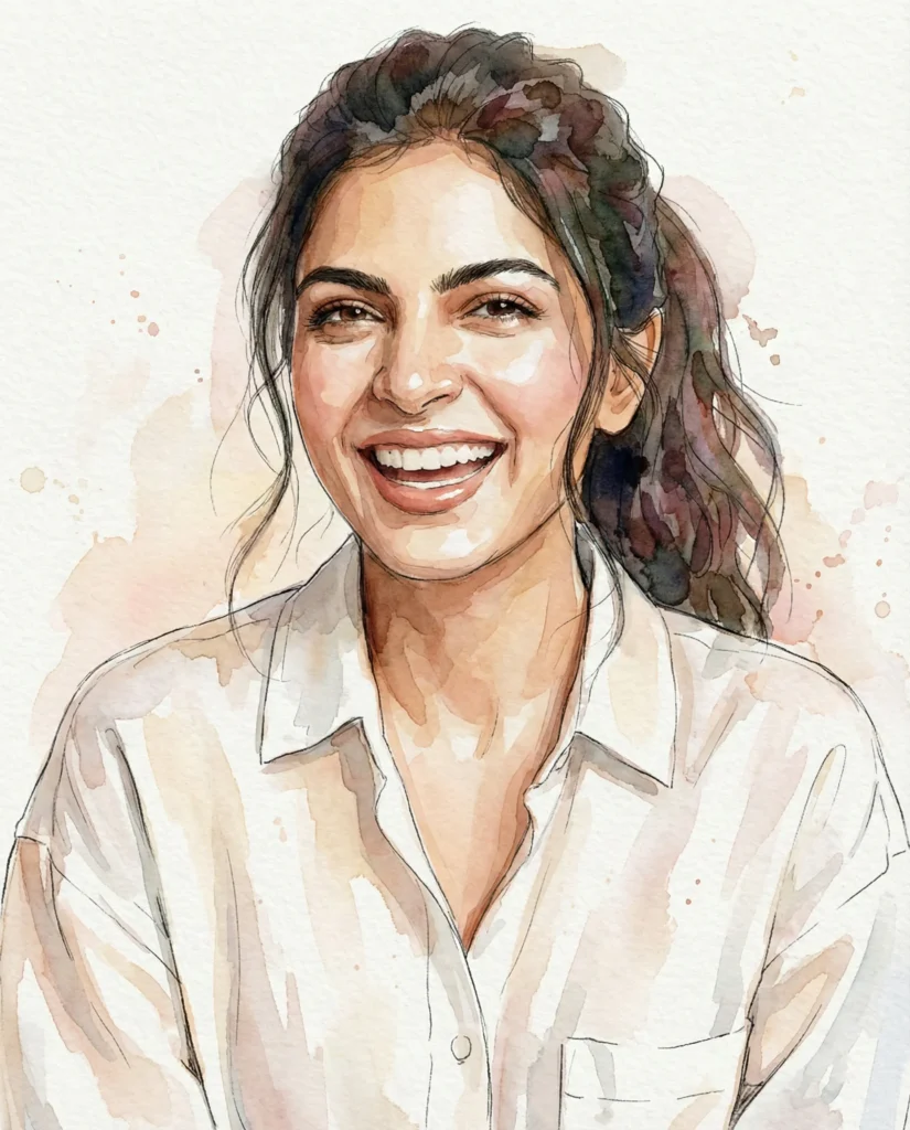 Semi Realistic Watercolor Portrait with Textured Paper and Soft Ink Lines