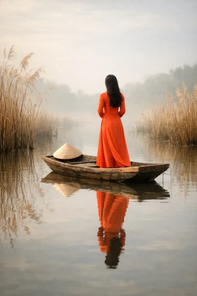Serene Ao Dai Countryside Portrait with Reflections and Golden Reeds