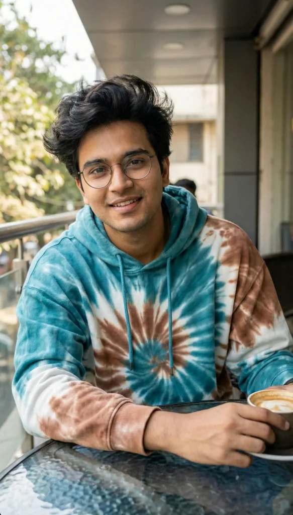 Stylish Tie-Dye Hoodie Portrait: Young Man at Outdoor Café