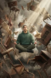 Surreal Levitation Portrait in a Chaotic Space