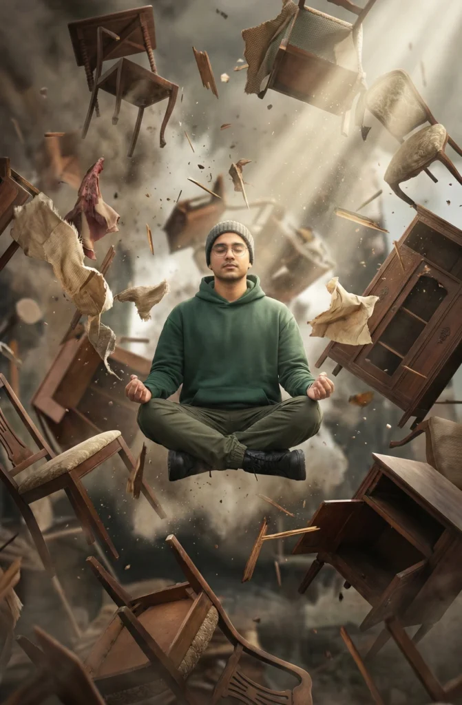 Surreal Levitation Portrait in a Chaotic Space