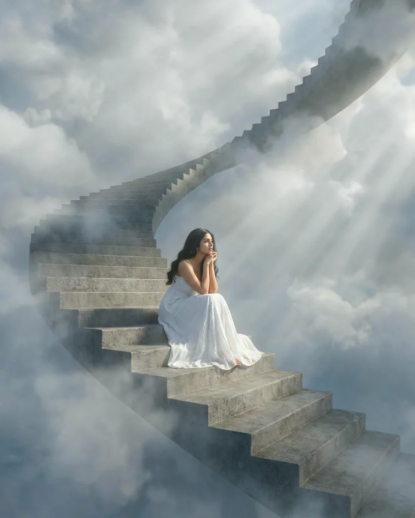 Surreal Staircase Portrait in a Vast Cloudy Sky (Gemini Prompt)