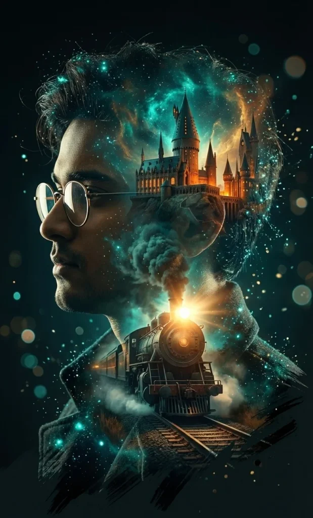 Surrealist Double-Exposure Portrait: Fantasy Castle & Train Silhouette