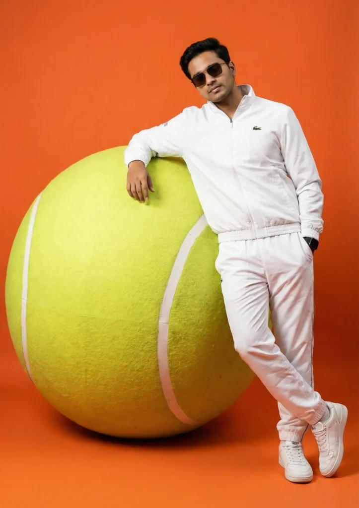 Tennis Fashion Editorial Portrait with Vibrant Orange Background