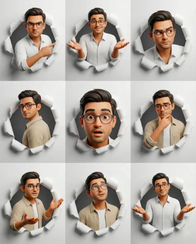 Torn Paper Portrait Grid: 3×3 Semi-Realistic Cartoon Expressions