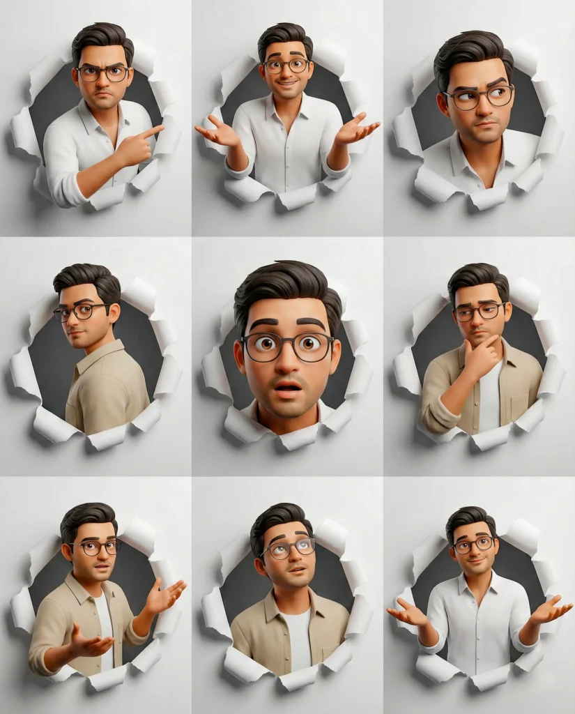 Torn Paper Portrait Grid: 3×3 Semi-Realistic Cartoon Expressions