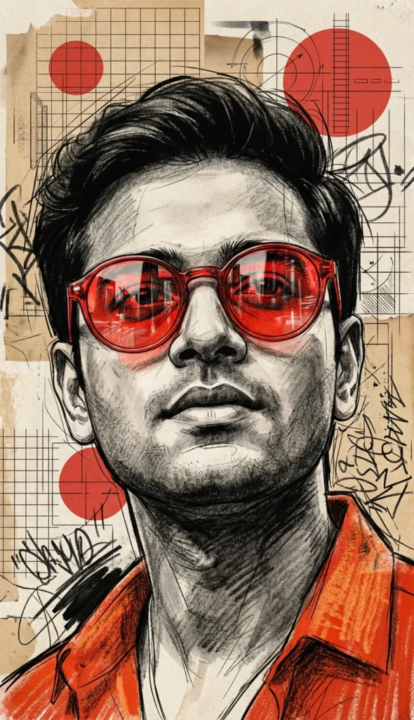 Urban Mixed Media Portrait with Red Sunglasses (Gemini Prompt)