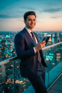 Urban Rooftop City Portrait in Quiet Luxury Teal and Orange Tones