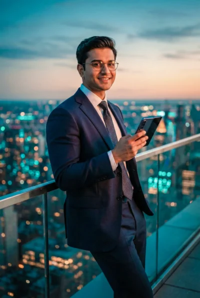 AI-generated image: Urban Rooftop City Portrait in Quiet Luxury Teal and Orange Tones