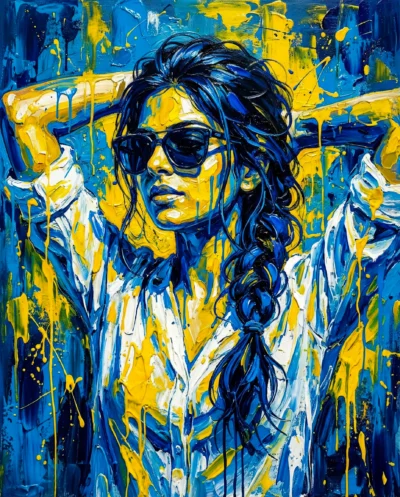 Urban Street Art Portrait in Electric Blue and Yellow
