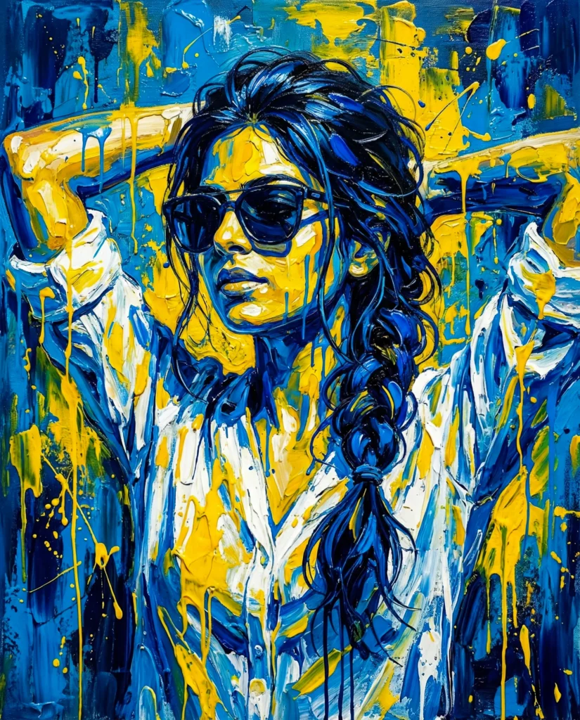 Urban Street Art Portrait in Electric Blue and Yellow