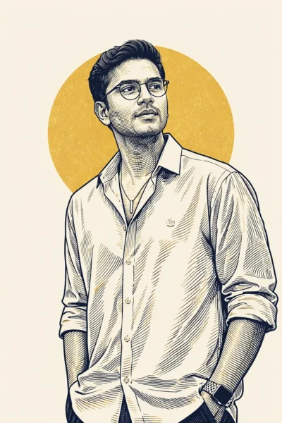 Vintage Engraving Portrait Illustration with Navy Lines and Golden Halo