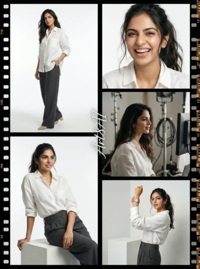 AI-generated image: Vintage Film Strip Fashion Collage with Minimalist Studio Editorial Panels